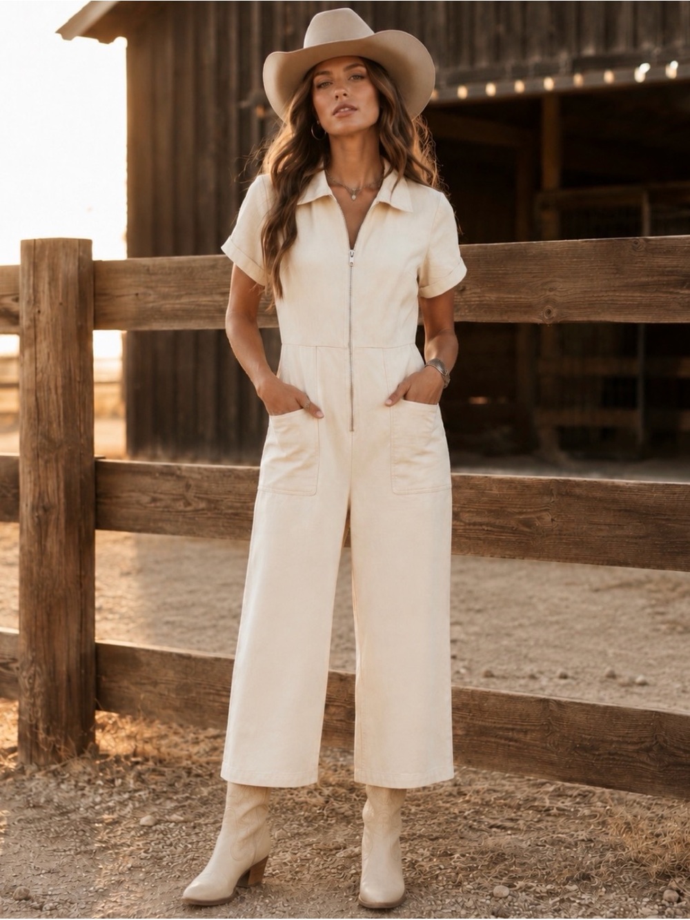 Sadie & Sage Cream Zip-Front Wide-Leg Jumpsuit